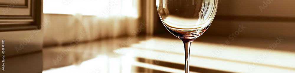 Poster Elegant minimalism of a wine glass filled with red wine reflecting soft light in a serene setting