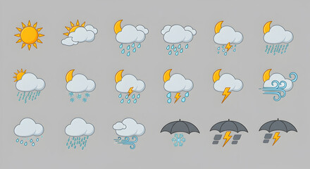 Diverse flat design weather icon set representing animated weather conditions