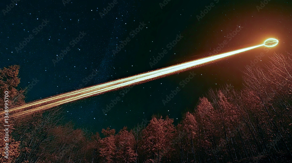Poster glowing meteor transforms into mysterious ufo amidst a starry night sky