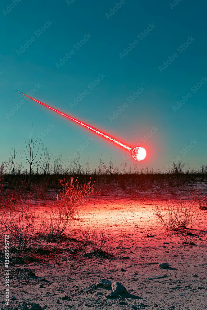 Poster Glowing meteor descends as a tiny UFO over a desolate landscape at twilight