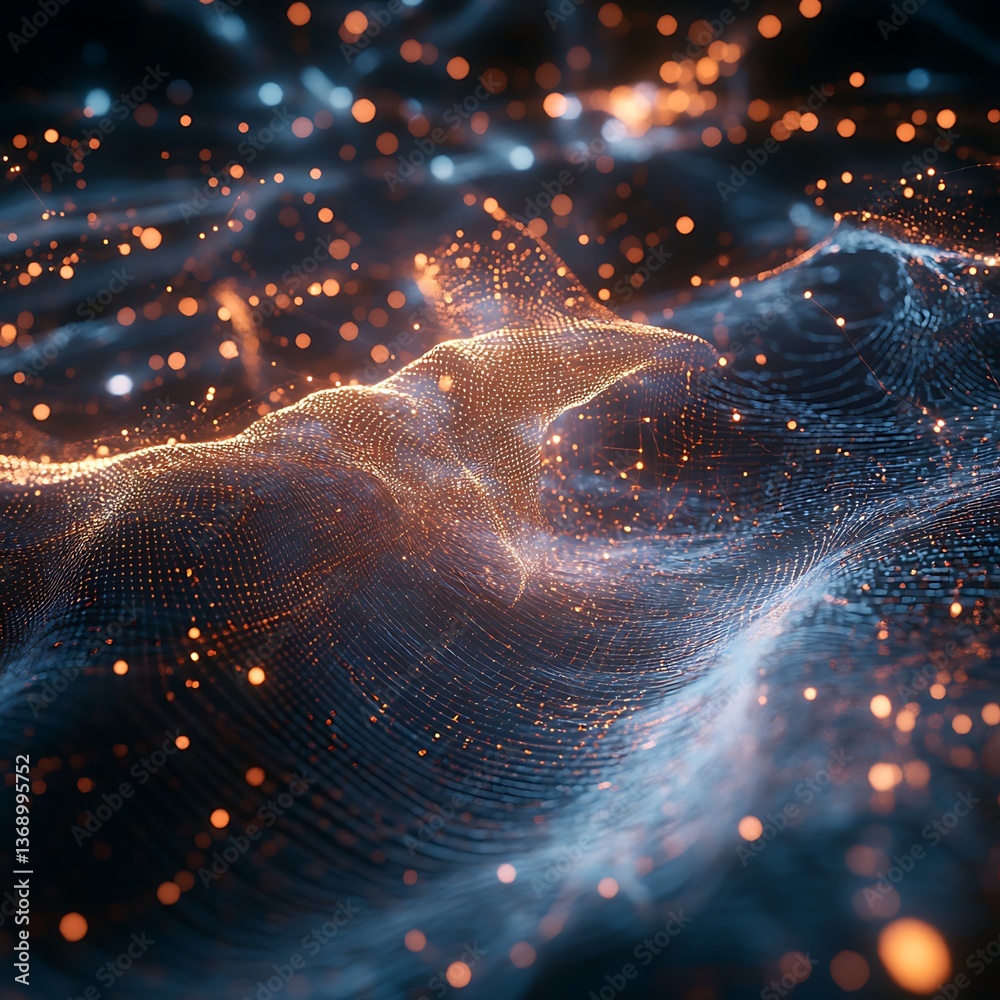  abstract digital wave pattern with glowing particles. a dynamic, flowing design of interconnected pa