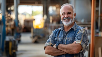 Obraz premium Portrait of a confident carpenter smiling in his workshop with arms crossed ready to start work