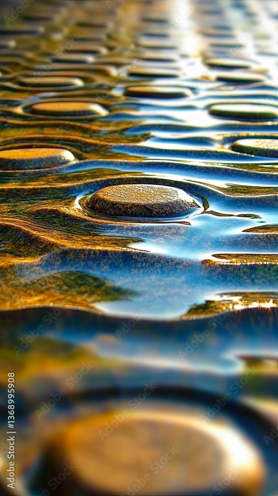 Poster reflective water surface with smooth stones in a tranquil outdoor setting at sunset