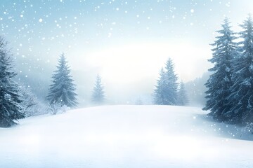Fototapeta premium Snowy landscape enveloped in winter's embrace as soft flakes dance in the air beneath a pale blue sky
