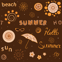 Seamless vector summer pattern: stylized flowers, glasses, umbrella, various decorative elements, inscriptions "summer", "beach", "hot", hello summer" on a brown background.