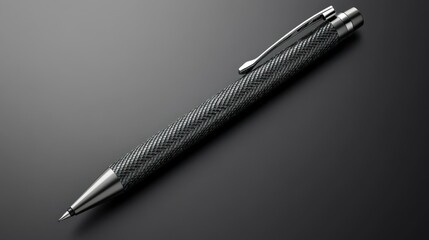 A sleek, silver and black pen lies diagonally across a dark, shadowy surface.