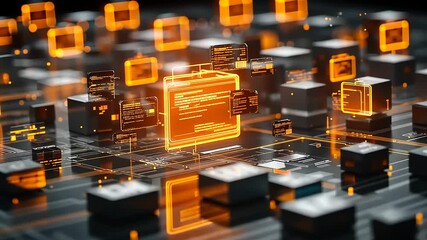 Futuristic digital landscape showcasing glowing data blocks and circuits in a high-tech environment - Powered by Adobe