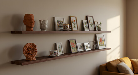 Stylish living room interior featuring floating shelves adorned with artistic objects
