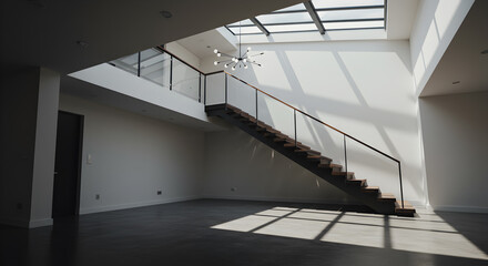 Obraz premium Architectural double-height foyer with a floating staircase and skylight illumination