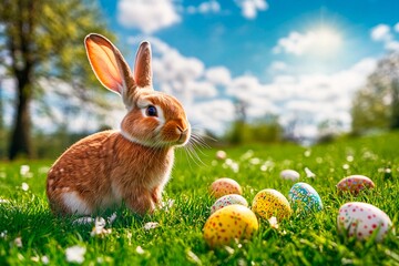 A fluffy brown bunny enjoys a bright spring day, surrounded by colorful Easter eggs scattered on the green grass under a stunning blue sky