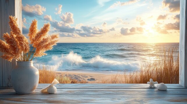Fototapeta Coastal view. Ocean waves, sandy beach seen from window with vase, decor