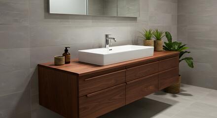 Serene bathroom interior showcasing a floating vanity with natural elements