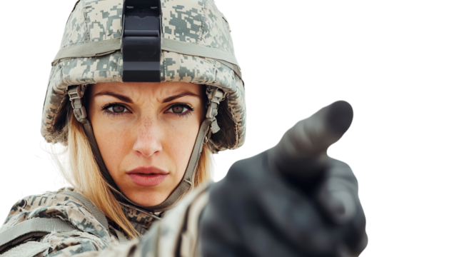 Png of Determined female soldier in camouflage uniform, pointing with a fierce expression, embodies strength and leadership on transparent background.