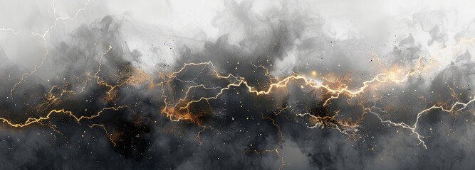 Abstract dark background with glowing golden lightning and smoke