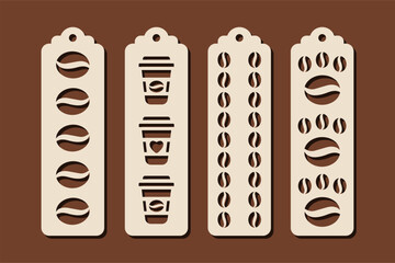 Vertical bookmark designs with coffee beans pattern. Laser cut template for coffee lovers. Decorative bookmark vector stencil for paper, wood and metal cutting