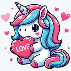 Big isolated hand drawn cartoon vector character design unicorn in love, doodle style Valentine concept animal flat vector illustration stock illustration