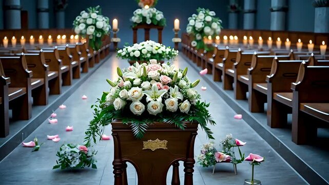 Funeral service inside church with decorated casket and floral arrangements