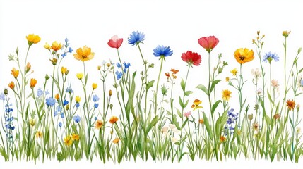 Wildflowers, delicate and dainty, create a border with isolated copy space