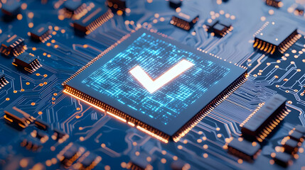 Detailed Circuit Board With Glowing Check Mark