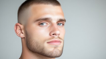 Obraz premium Close-up portrait of a man with a short haircut and a light beard
