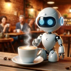 Mini ai robot drinking coffee 
