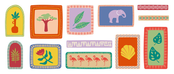 Tropical pictures in retro style. Traditional illustration in patchwork style. Vintage exotic jungle nature.