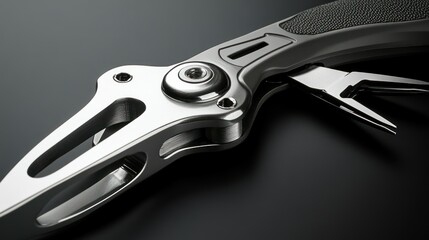 Obraz premium Detailed view of a sleek, stainless steel multi-tool against a black background.