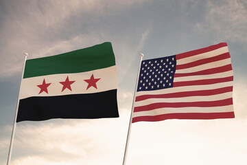 Relations between the countries of the United States of America USA and SYRIA represented by the concept of two flags waving against a cloudy sky.3d render.