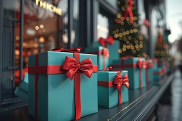 Blurred background of a store window with blue gift boxes and red ribbons in front