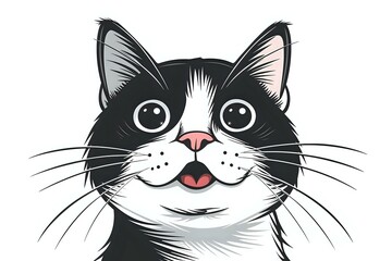 Smiling black and white cat face with big eyes and pink nose, cartoon style drawing on white background, isolated design element for stickers and prints.