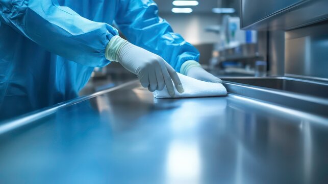 Closeup of sanitary worker hands in blue lab coat, gloves cleaning stainless steel surface in hospital environment. Worker diligently wipes down surface with white cloth. Hospital hygiene, sanitation