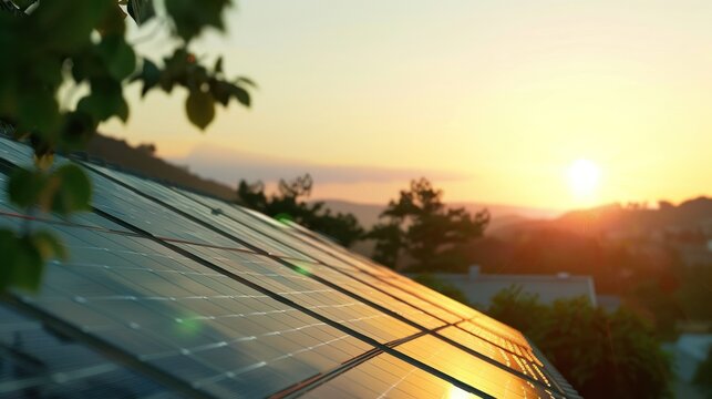 Sunset over rooftop solar panels generating clean renewable energy