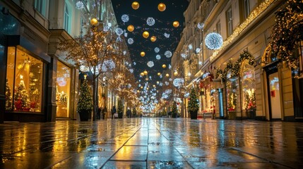 Obraz premium Festive city street adorned with Christmas lights reflecting on wet pavement.