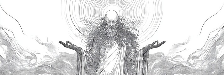 Bearded figure reaches out in serene enlightenment.