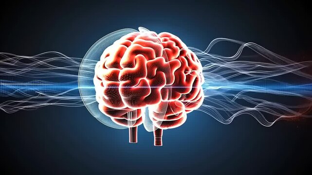 Abstract representation of a human brain with vibrant colors and sound waves in a digital space