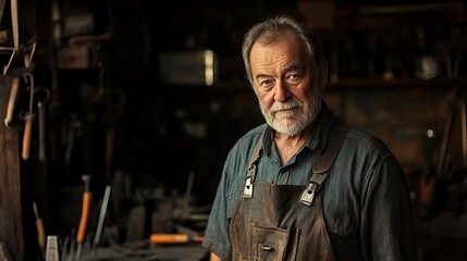 Portrait of an experienced blacksmith in his workshop crafting metalwork with traditional tools and equipment