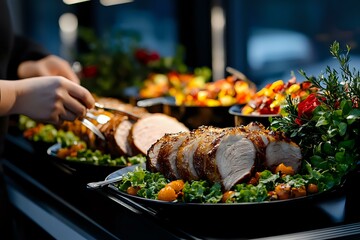 Sliced roasted pork tenderloin served on black platters with colorful roasted vegetables and fresh herbs, elegant catering setup for events and celebrations.