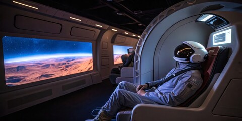Immersive space travel experience in a futuristic spacecraft cabin