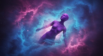 Surreal Figure Floating in a Cosmic Nebula of Pink and Blue. The figure appears peaceful and contemplative, suggesting themes of transcendence or cosmic connection.