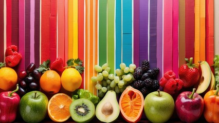 A vibrant collage of various fruits and vegetables,