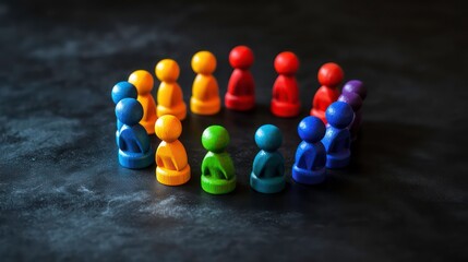Colorful figurines in a circle on a dark background, symbolizing unity and diversity.
