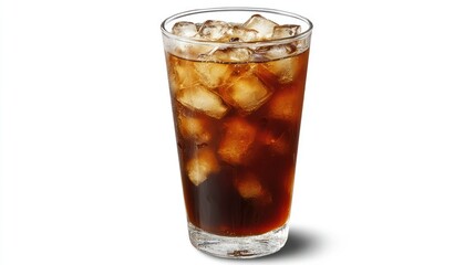 Tall glass of cola with ice, refreshment on a white background. Thirst quencher.