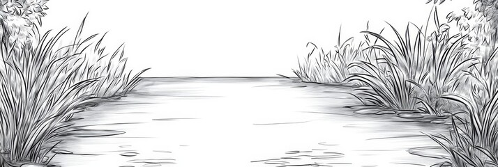 Peaceful pond surrounded by tall grasses sketch.