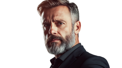 Png of A serious middle-aged Caucasian man with a beard, dressed in a black suit, gazing intently with a confident expression on transparent background.