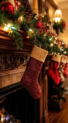 Sparkly red stockings hang, fireplace mantel festive garland.