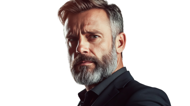 Png of A serious middle-aged Caucasian man with a beard, dressed in a black suit, gazing intently with a confident expression on transparent background.
