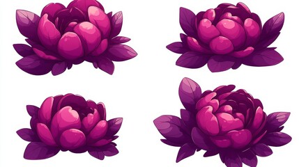 A set of grunge oil-painted peonies, each flower isolated on a transparent background, created with  modern