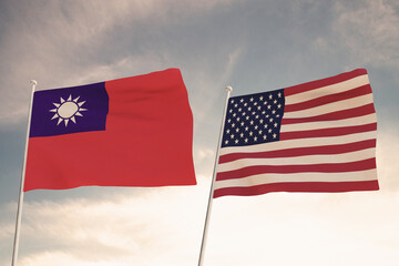 Relations between the countries of the United States of America USA and TAIWAN represented by the concept of two flags waving against a cloudy sky.3d render.