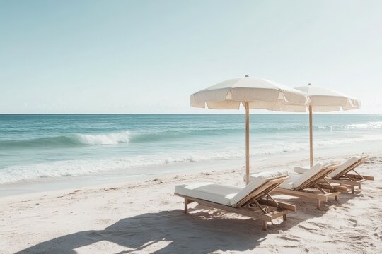 Tranquil beach with umbrellas and lounge chairs by the ocean shore