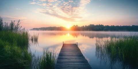 A serene sunrise over a calm lake, with a wooden dock and lush greenery.